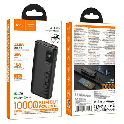 HOCO J158 Pro External Battery, 10000mAh, 22.5W, QC + PD, 1 x USB-C - 2 x USB-A, Black