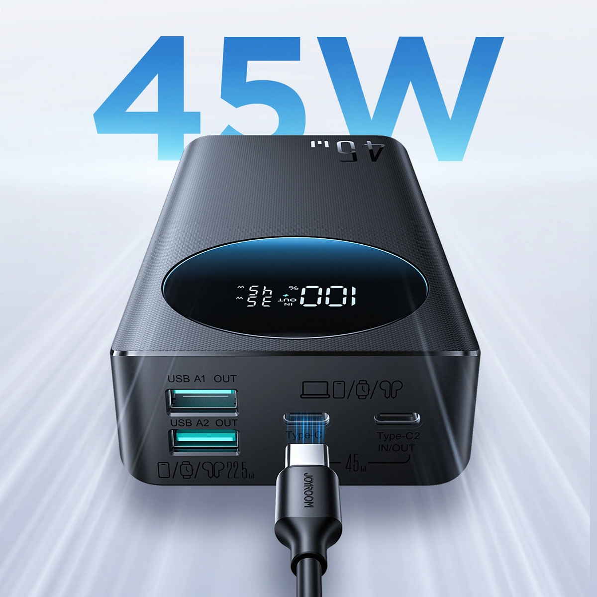 Joyroom JR-PBF02 Pro External Battery, 20000mAh, 45W, QC + PD, 2 x USB-A - 2 x USB-C, Black