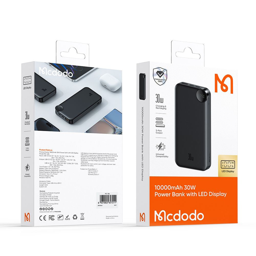 McDodo MC-3850 External Battery Display, 10000mAh, 30W, QC + PD, 1 x USB-A - 2 x USB-C, Black