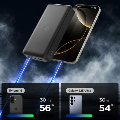 Spigen External Battery, 20000mAh, 30W, QC + PD, 1 x USB-A - 2 x USB-C, Black