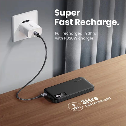 UGREEN PB311 External Battery, 10000mAh, 22.5W, QC + PD, 1 x USB-C - 2 x USB-A, Black