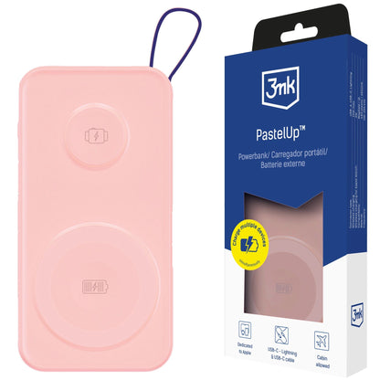 3MK PastelUp Wireless External Battery, 10000mAh, 22.5W, QC + PD + FQI, 1 x USB-A - 1 x USB-C - 2 x QI, Pink