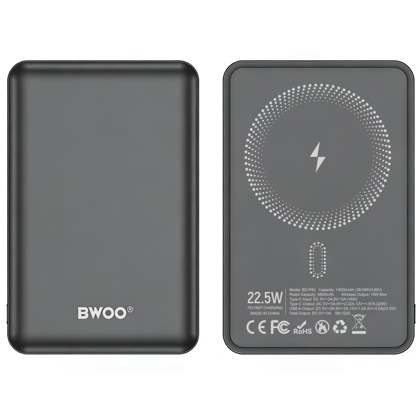 Wireless External Battery BWOO BO-P82, 10000mAh, 22.5W, PD + FQI, 1 x QI - 1 x USB-C, Gray