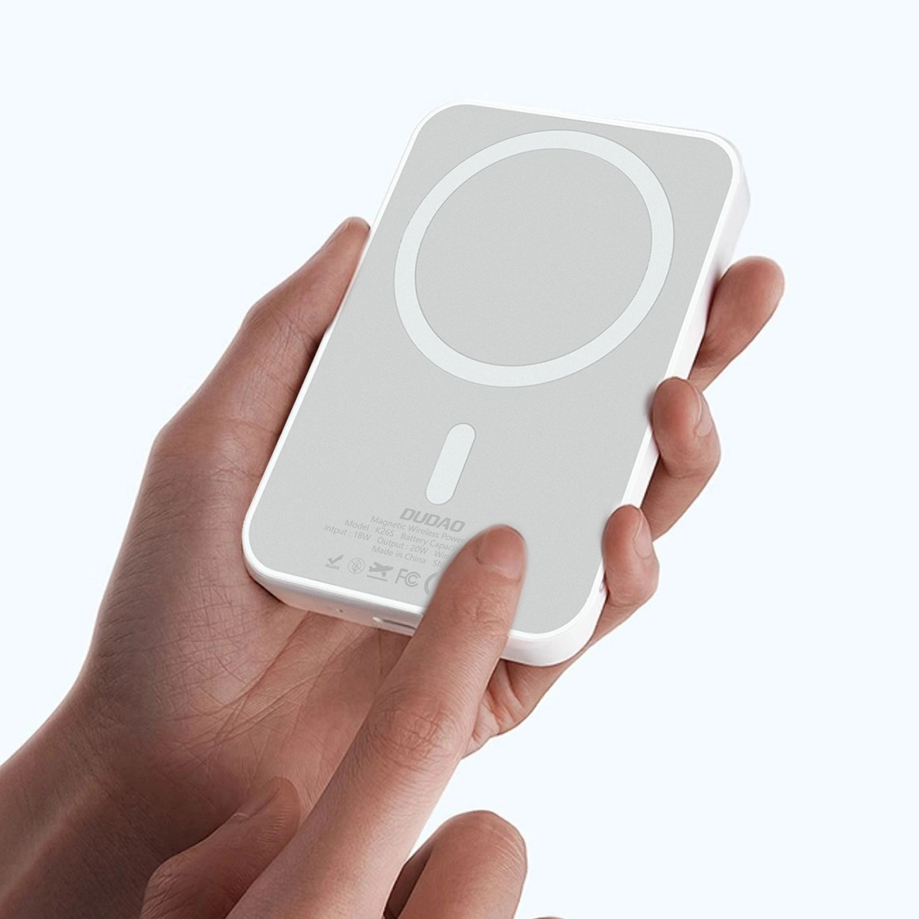 Dudao K26 Wireless External Battery, 10000mAh, 20W, PD + FQI, 1 x QI - 1 x USB-C, White