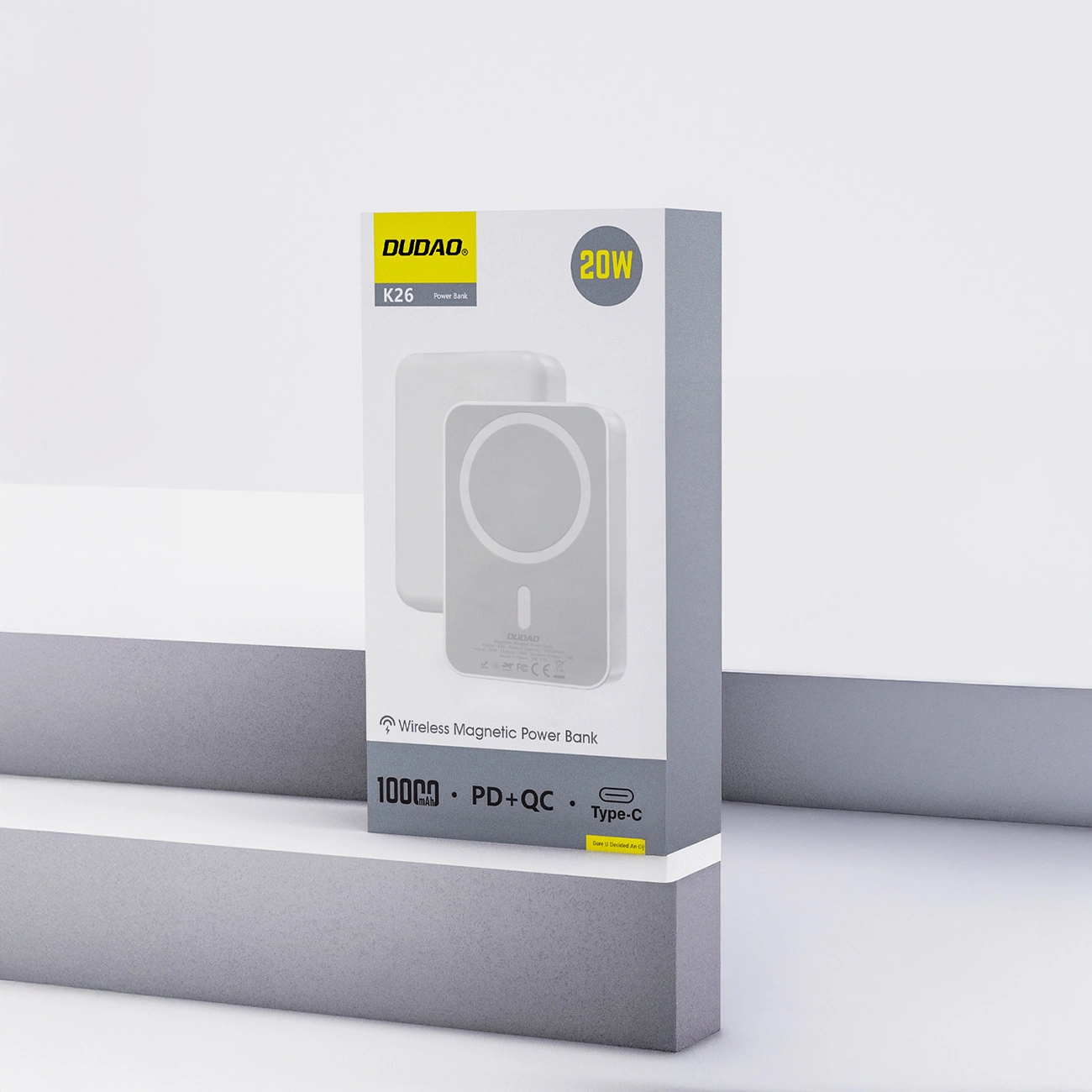 Dudao K26 Wireless External Battery, 10000mAh, 20W, PD + FQI, 1 x QI - 1 x USB-C, White
