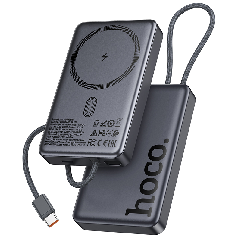 HOCO Q44 Wireless External Battery, 10000mAh, 20W, PD + FQI, 1 x QI - 2 x USB-C, Gray