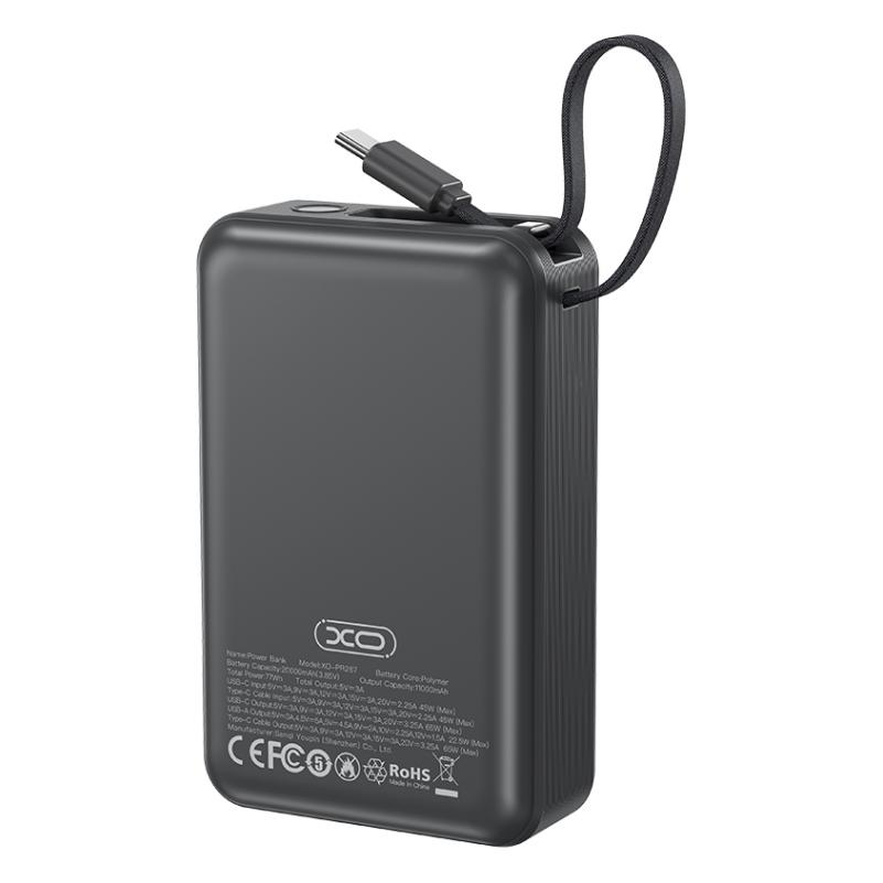 XO Design PR267 External Battery, 20000mAh, 65W, QC + PD, 1 x USB-A - 2 x USB-C, Gray