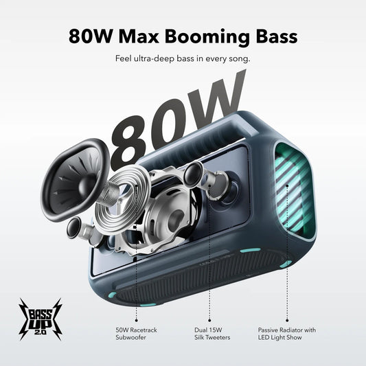 Anker SoundCore Boom 2 Portable Bluetooth Speaker, 80W, TWS, RGB, Waterproof, Blue A3138031