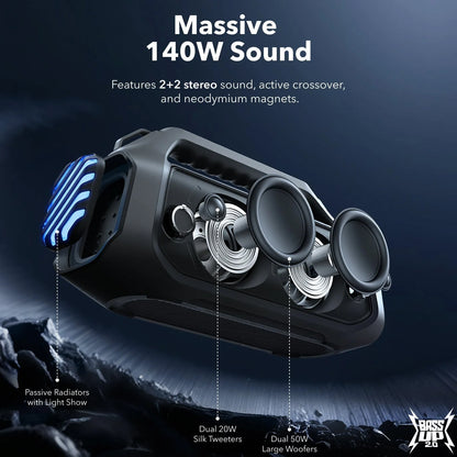 Anker SoundCore Boom 2 Plus Portable Bluetooth Speaker, 140W, TWS, RGB, Waterproof, Black A3134011