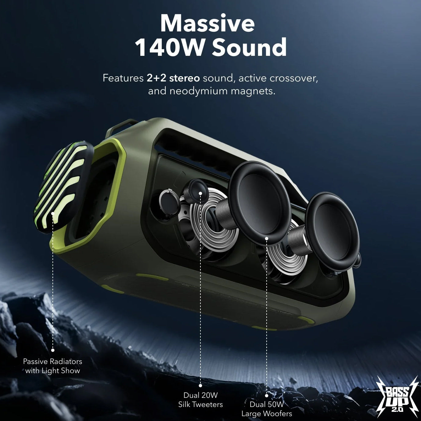 Anker SoundCore Boom 2 Plus Portable Bluetooth Speaker, 140W, TWS, RGB, Waterproof, Green A3134061