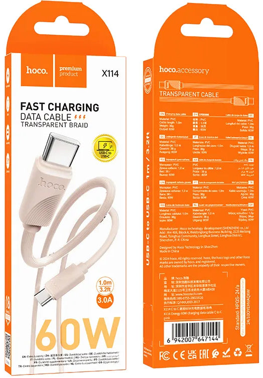 USB-C Data and Charging Cable - USB-C HOCO X114, 60W, 1m, Pink