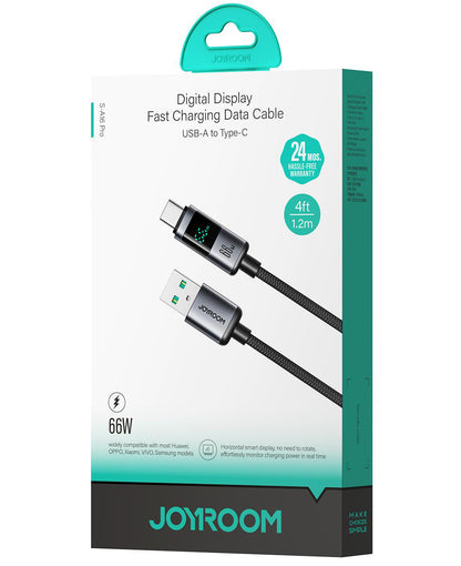 USB-A to USB-C Data and Charging Cable Joyroom S-A16 Pro Prism Display, 66W, 1.2m, Black