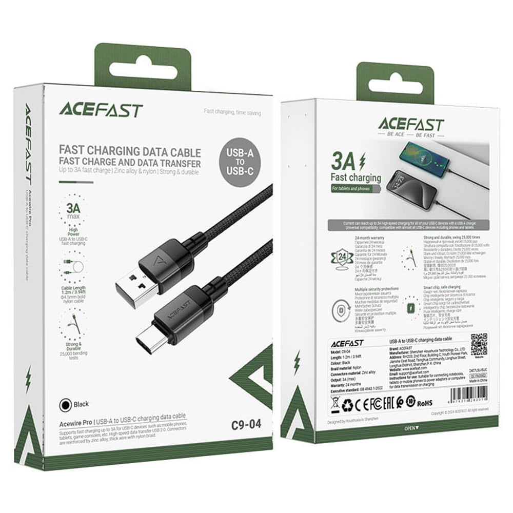 USB-A to USB-C Data and Charging Cable Acefast C9-04, 18W, 1.2m, Black