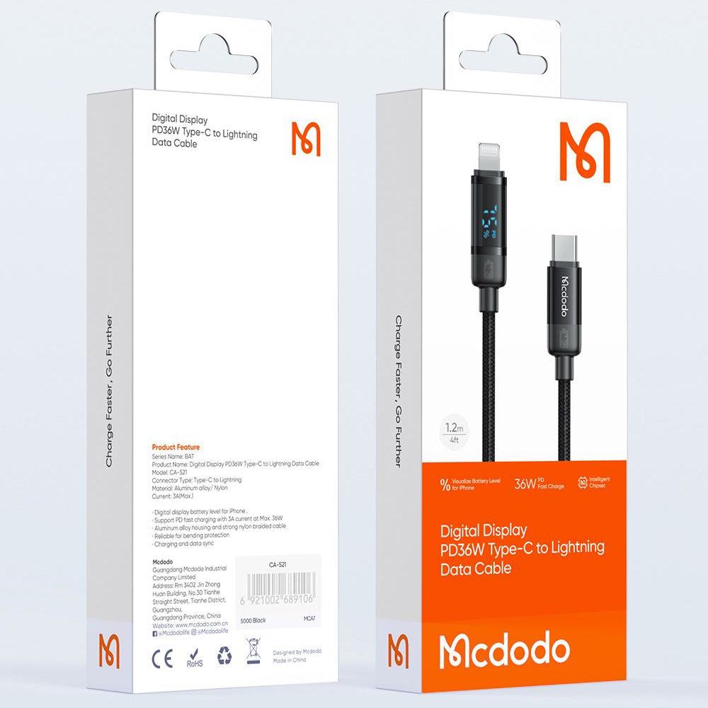 USB-C to Lightning McDodo CA-5210 Bat Display Data and Charging Cable, 36W, 1.2m, Black