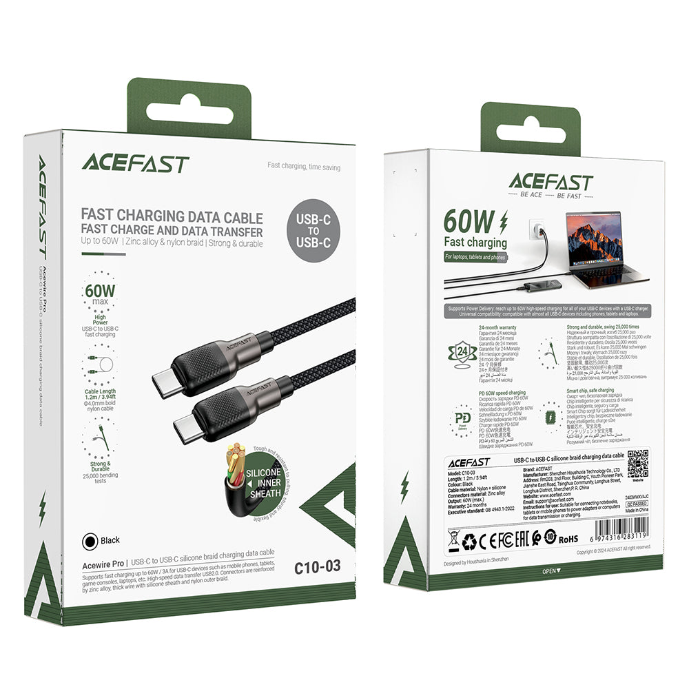 USB-C Data and Charging Cable - USB-C Acefast C10-03, 60W, 1.2m, Black