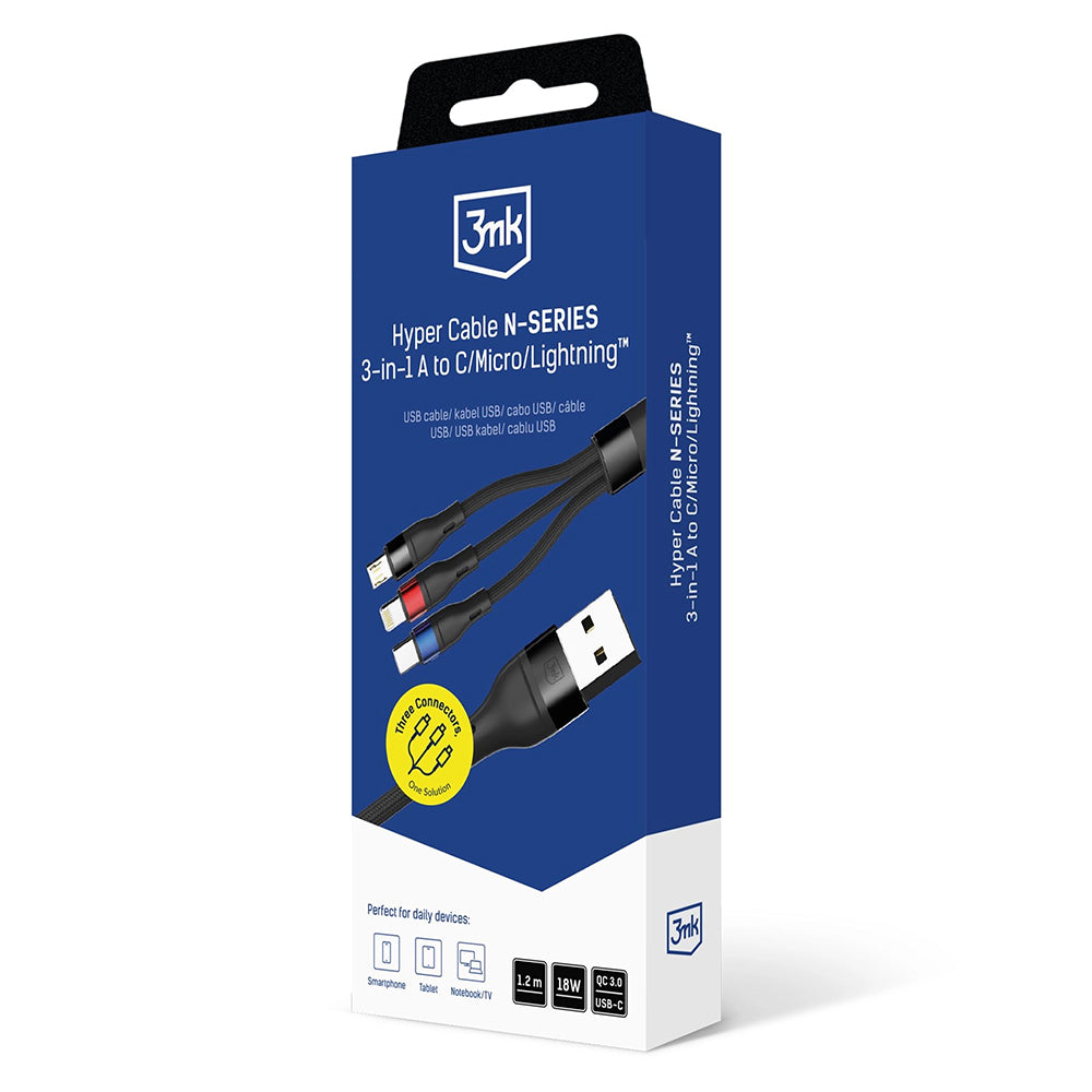 USB-A Charging Cable - Lightning / microUSB / USB-C 3MK Hyper N, 18W, 1.2m, Black