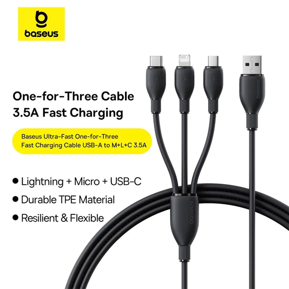 USB-A Charging Cable - Lightning / microUSB / USB-C Baseus Ultra Fast 3in1, 18W, 0.8m, Black P10376303121-01
