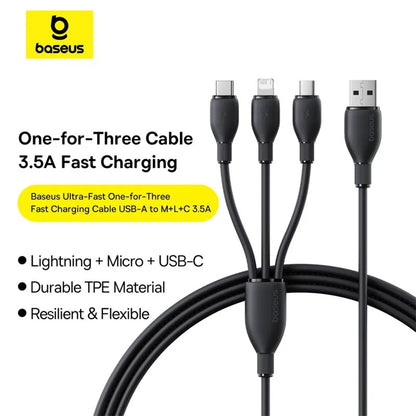USB-A Charging Cable - Lightning / microUSB / USB-C Baseus Ultra Fast 3in1, 18W, 0.8m, Black P10376303121-01