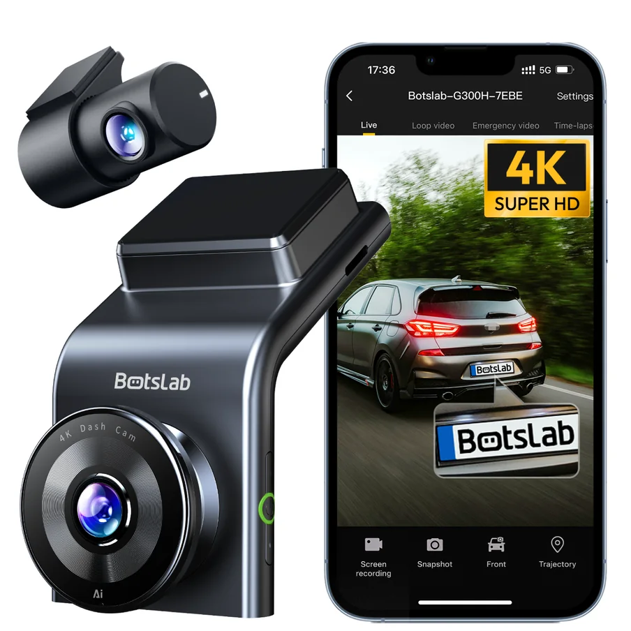 Botslab G300H Plus Front and Rear Car Camera, 4K, Wi-Fi, GPS, 2.4-inch Display