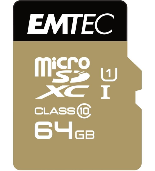 Emtec Gold+ microSDXC Memory Card, 64Gb, Class 10 / UHS-1 U1, With Adapter ECMSDM64GXC10GP
