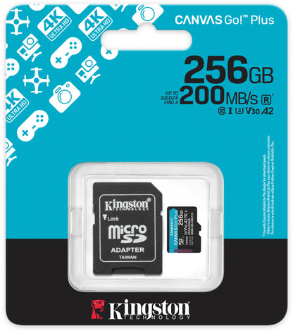 Kingston Canvas Go Plus microSDXC Memory Card Android A2, 256Gb, Class 10 / UHS-1 U3, With Adapter SDCG4/256GB