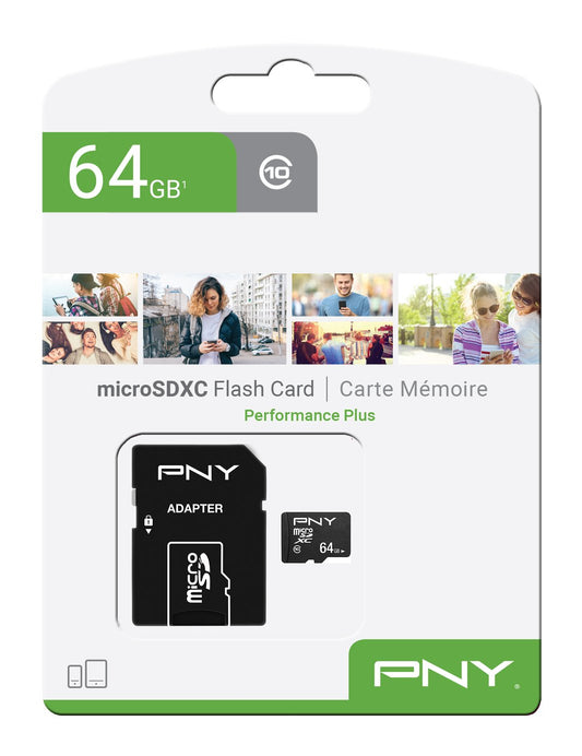 PNY Performance Plus microSDXC Memory Card, 64Gb, Class 10, With Adapter P-SDU64G10PPL-GE