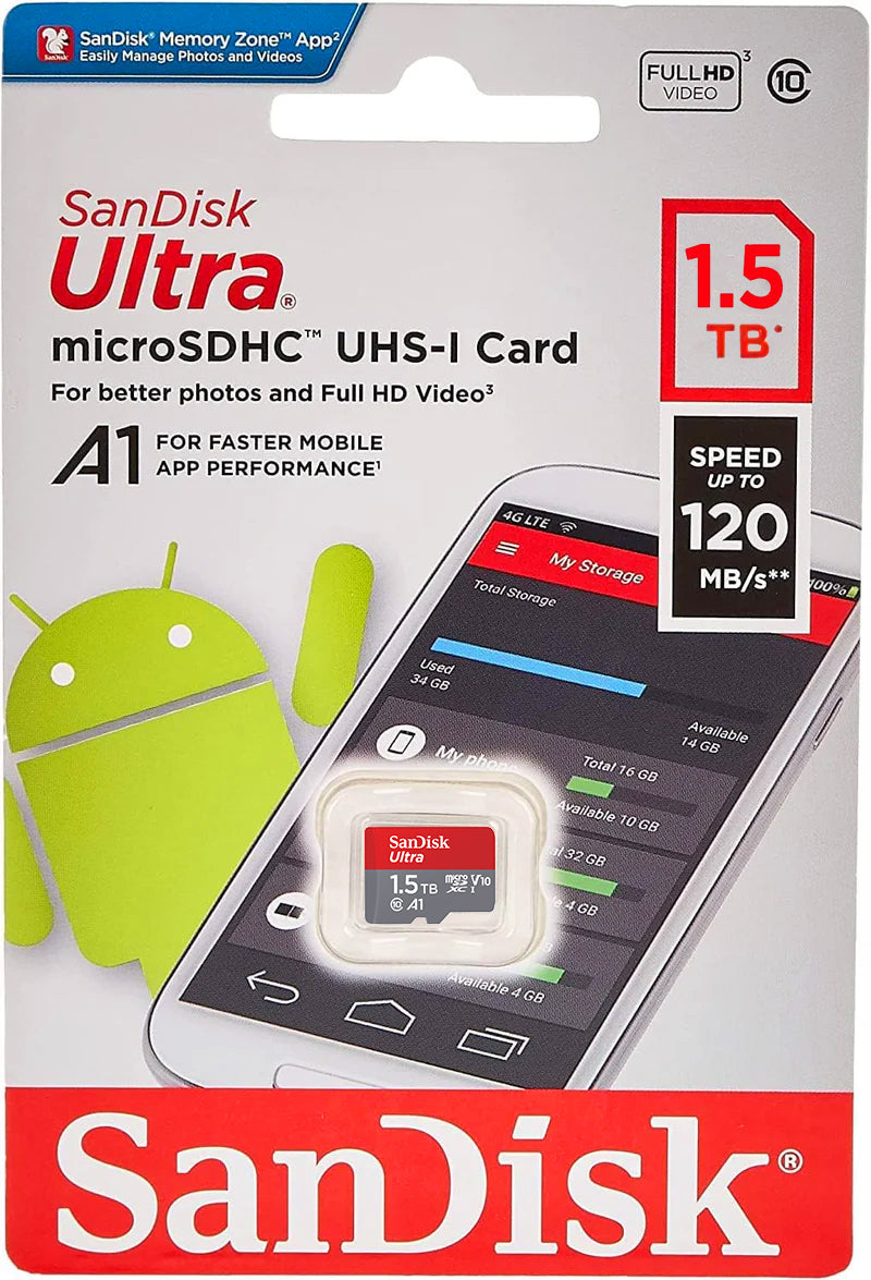 SanDisk Ultra Android A1 microSDXC Memory Card, 1.5TB, Class 10 / UHS-1 U1 SDSQUAC-1T50-GN6MN