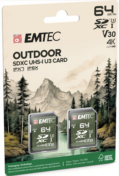 Emtec Rugged Outdoor SDXC Memory Card, 64GB, Class 10 / UHS-1 U3, Set of 2 pieces ECMSD64GXCU3ORP