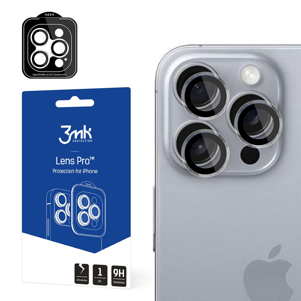 3MK Lens Pro Rear Camera Protective Film for Apple iPhone 16 Pro Max / 16 Pro, Tempered Glass, Black