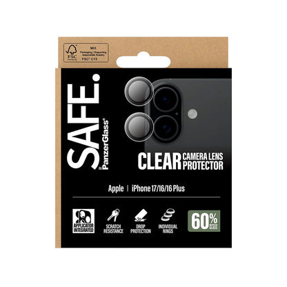 PanzerGlass Safe Rear Camera Protector. for Apple iPhone 17 / 16 Plus / 16, Tempered Glass, Transparent