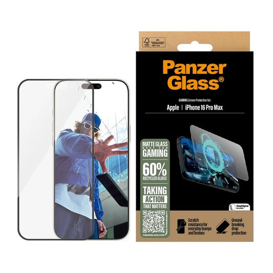 Matte PanzerGlass Ultra-Wide Fit Gaming Screen Protector for Apple iPhone 16 Pro Max, Tempered Glass, Full Glue, Black