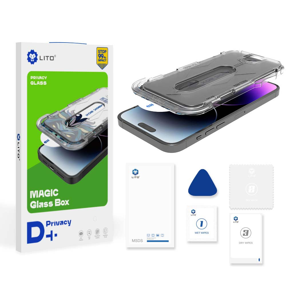 Privacy Screen Protector Lito Magic Glass Box D+ Tools for Apple iPhone 16 Plus, Tempered Glass, Full Glue
