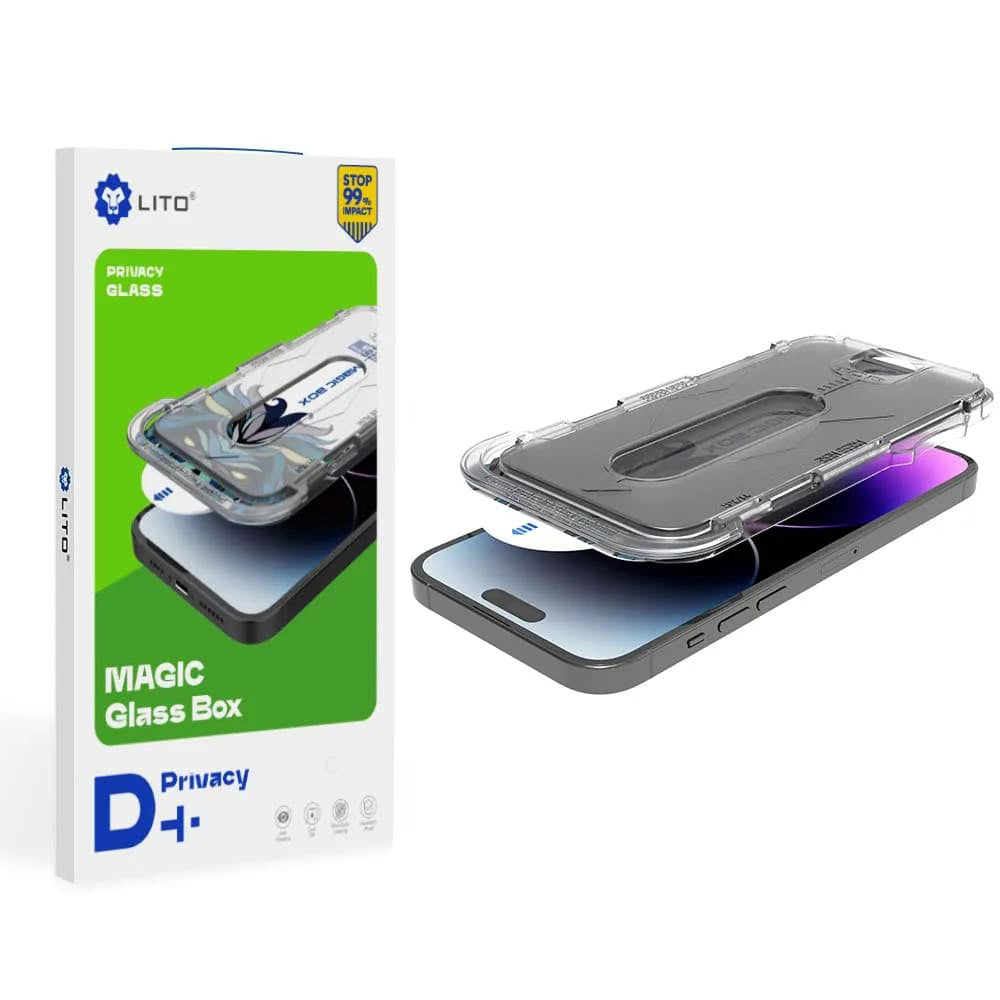 Privacy Screen Protector Lito Magic Glass Box D+ Tools for Apple iPhone 16 Pro, Tempered Glass, Full Glue