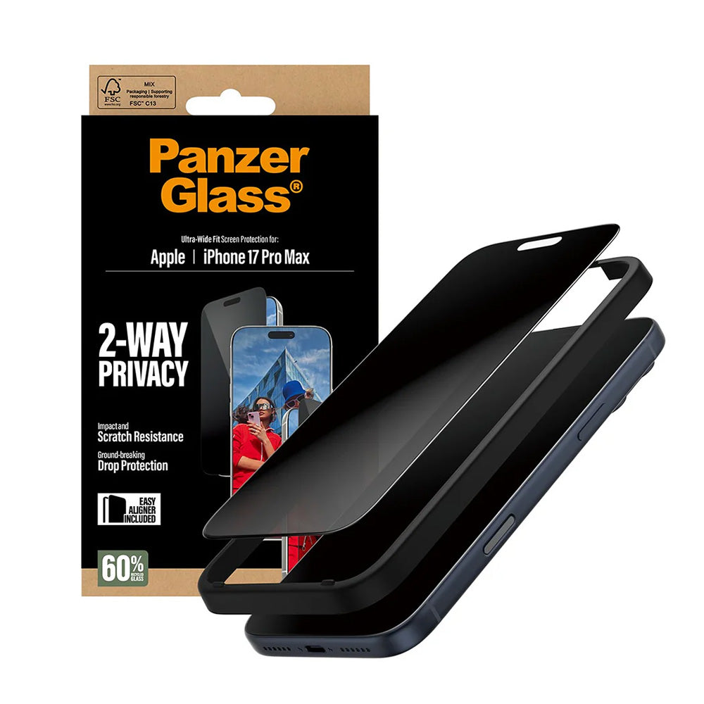 Privacy Screen Protector PanzerGlass Ultra-Wide Fit 2-Way EasyAligner for Apple iPhone 17 Pro Max, Tempered Glass, Full Glue