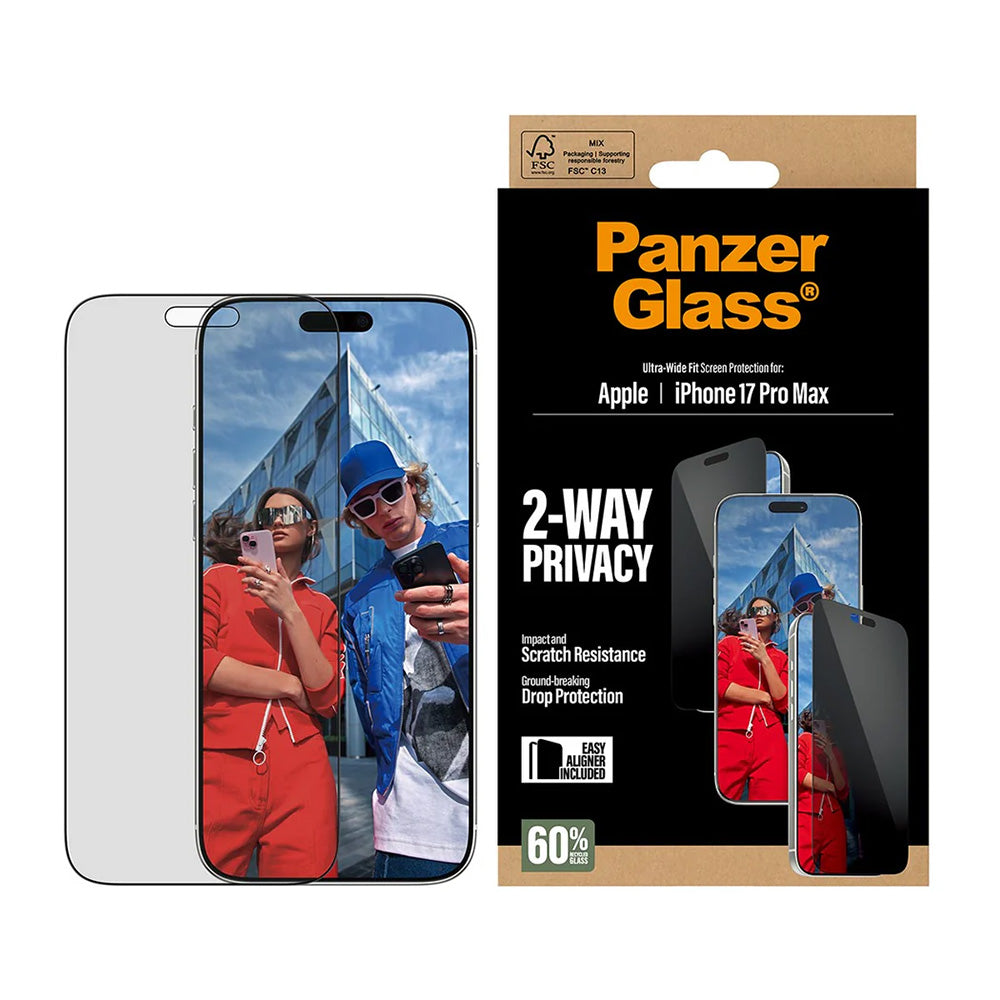 Privacy Screen Protector PanzerGlass Ultra-Wide Fit 2-Way EasyAligner for Apple iPhone 17 Pro Max, Tempered Glass, Full Glue