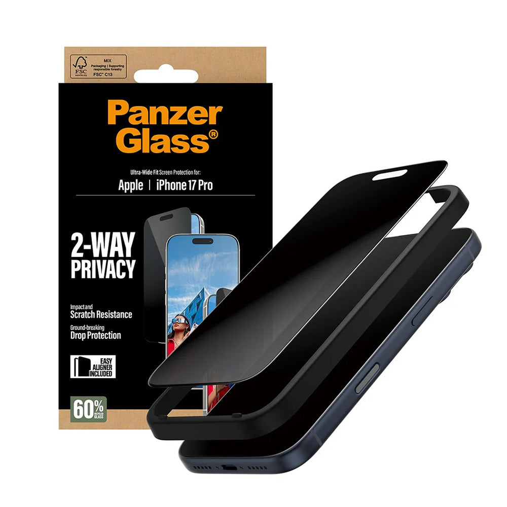 Privacy Screen Protector PanzerGlass Ultra-Wide Fit 2-Way EasyAligner for Apple iPhone 17 Pro, Tempered Glass, Full Glue