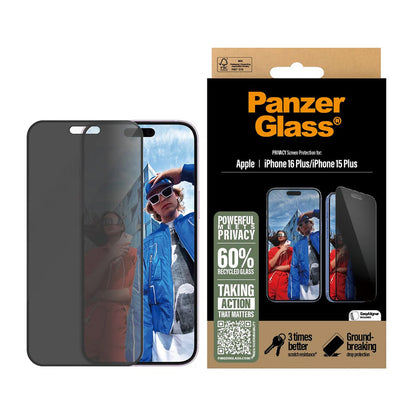Privacy Screen Protector PanzerGlass Ultra-Wide Fit EasyAligner for Apple iPhone 16 Plus / 15 Plus, Tempered Glass, Full Glue