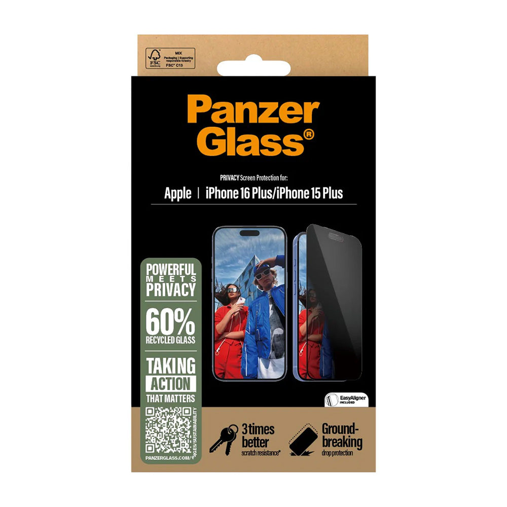 Privacy Screen Protector PanzerGlass Ultra-Wide Fit EasyAligner for Apple iPhone 16 Plus / 15 Plus, Tempered Glass, Full Glue