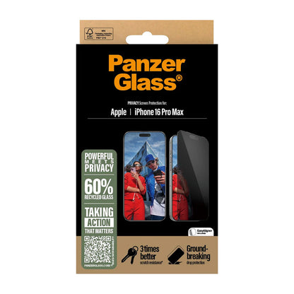Privacy Screen Protector PanzerGlass Ultra-Wide Fit EasyAligner for Apple iPhone 16 Pro Max, Tempered Glass, Full Glue