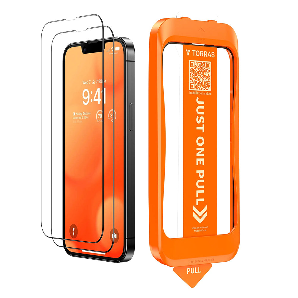 Torras GlassGo Install Master Screen Protector for Apple iPhone 17e / 16e / 14 / 13 Pro, Tempered Glass, Full Glue, Set of 2 pieces