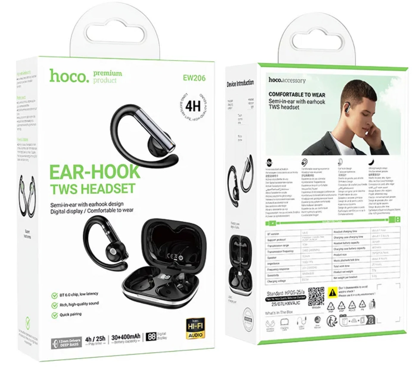 HOCO EW206 Bluetooth Handsfree, TWS, Black