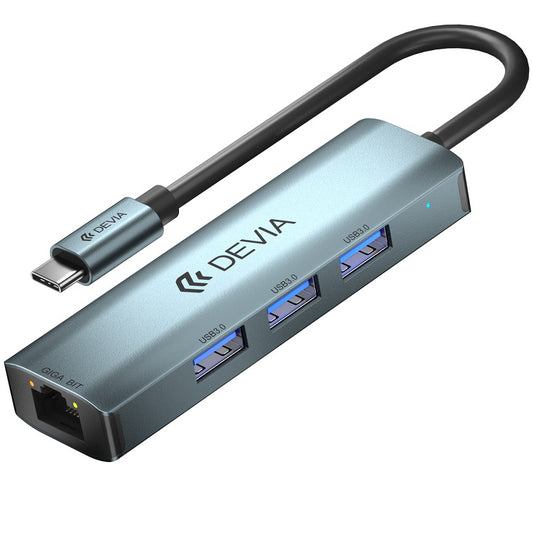 DEVIA EC621 USB-C Hub, 3 x USB-A 3.0 - 1 x RJ45, Gray