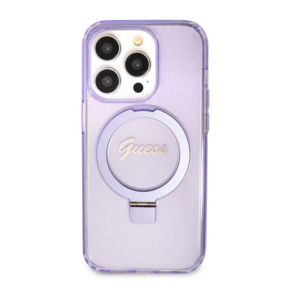 MagSafe Case for Apple iPhone 15 Pro Max, Guess, IML Ring Stand Glitter, Purple GUHMP15XHRSGSU