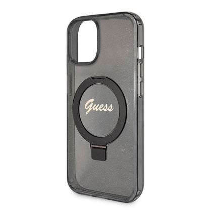 MagSafe Case for Apple iPhone 15, Guess, Ring Stand Script Glitter, Black