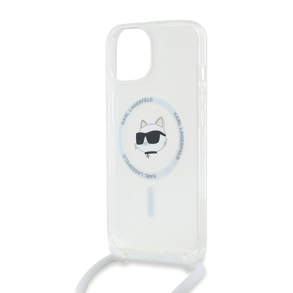 MagSafe Case for Apple iPhone 15, Karl Lagerfeld, IML Crossbody Choupette's Head with Strap, Transparent