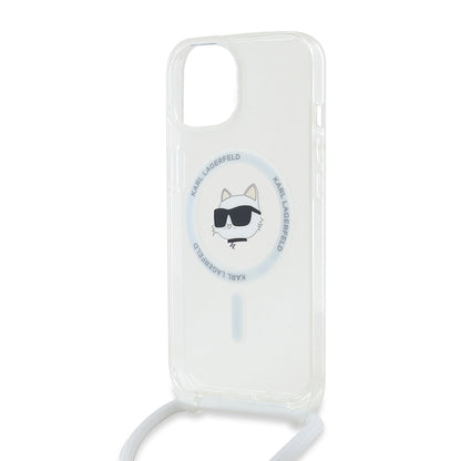 MagSafe Case for Apple iPhone 15, Karl Lagerfeld, IML Crossbody Choupette's Head with Strap, Transparent