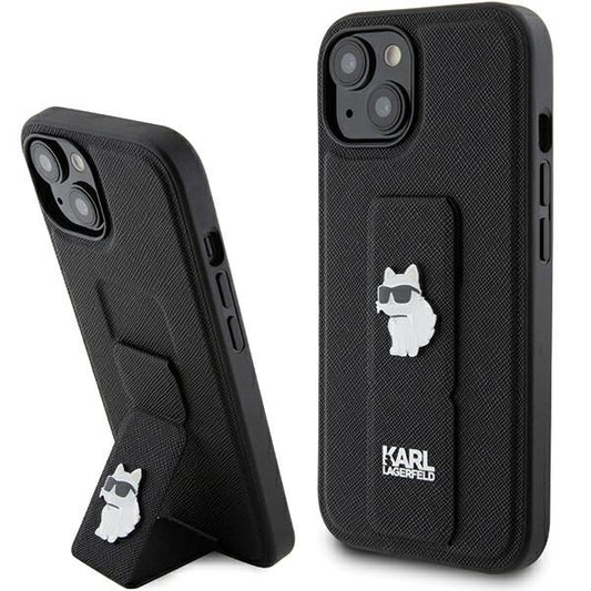 MagSafe Case for Apple iPhone 15, Karl Lagerfeld, Saffiano Gripstand Choupette, Black