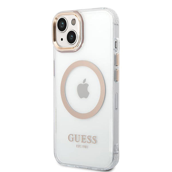 MagSafe Case for Apple iPhone 15 Plus, Guess, Metal Outline, Gold