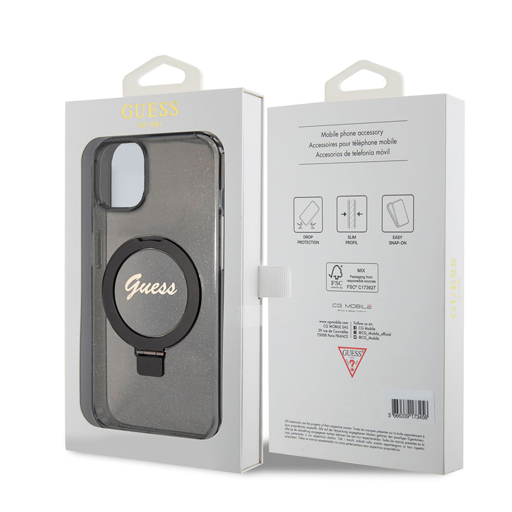 MagSafe Case for Apple iPhone 15 Plus, Guess, Ring Stand Script Glitter, Black