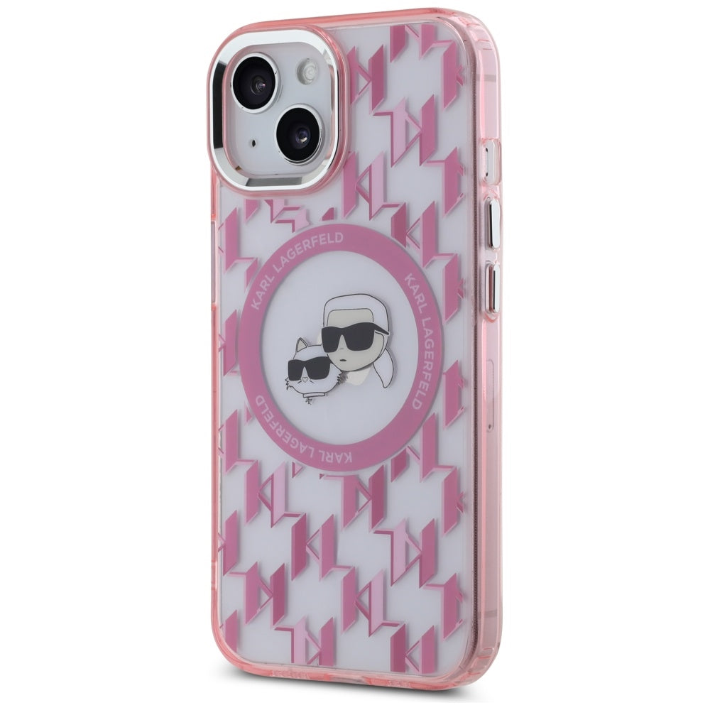 MagSafe Case for Apple iPhone 15 Plus, Karl Lagerfeld, IML Monogram Karl & Choupette's Heads, Pink
